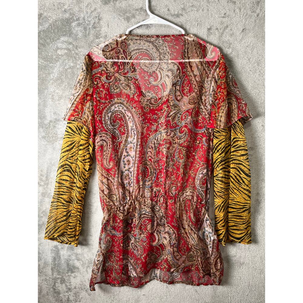 Vintage Boho Paisley Tunic Top Beaded Neckline Sheer Blouse Peasant Festival XL - Picture 4 of 6